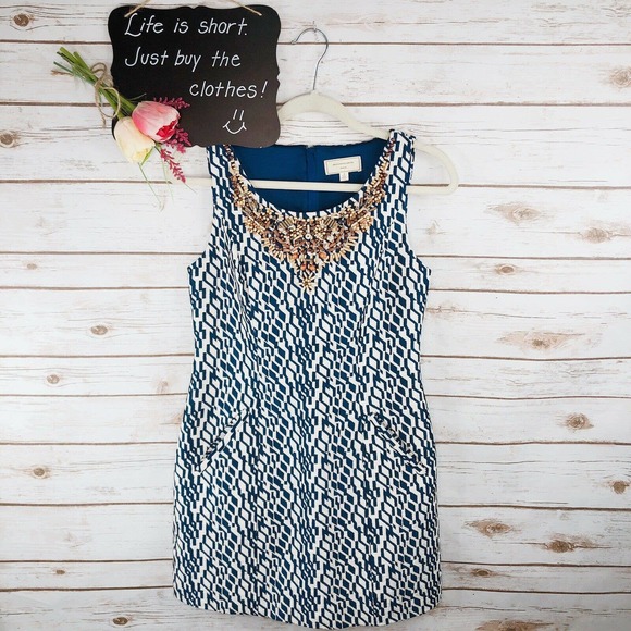 Anthropologie Moulinette Soeurs beaded neckline blue & white lined Dress Size 2 - Picture 2 of 11